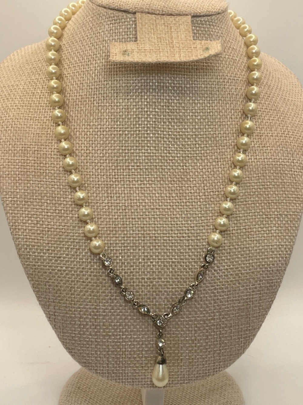 Vintage Pearl Drop Necklace with Crystal Accents - Cream Pearl 16” 3”extender